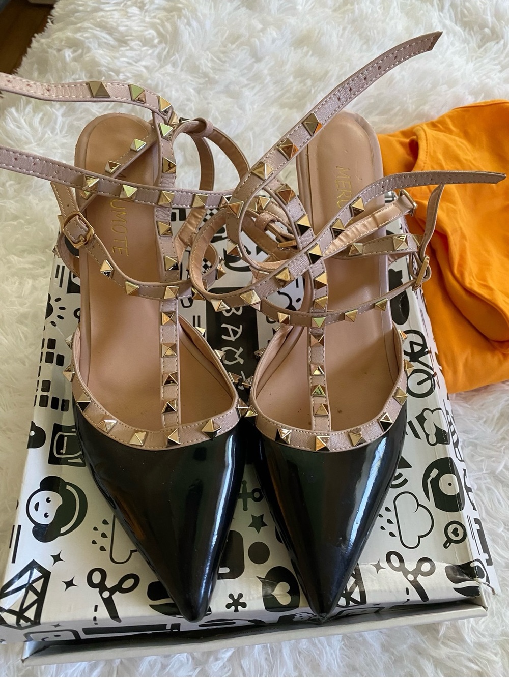 Studded Pointed-Toe Ankle Strap Pumps - Black & Blush